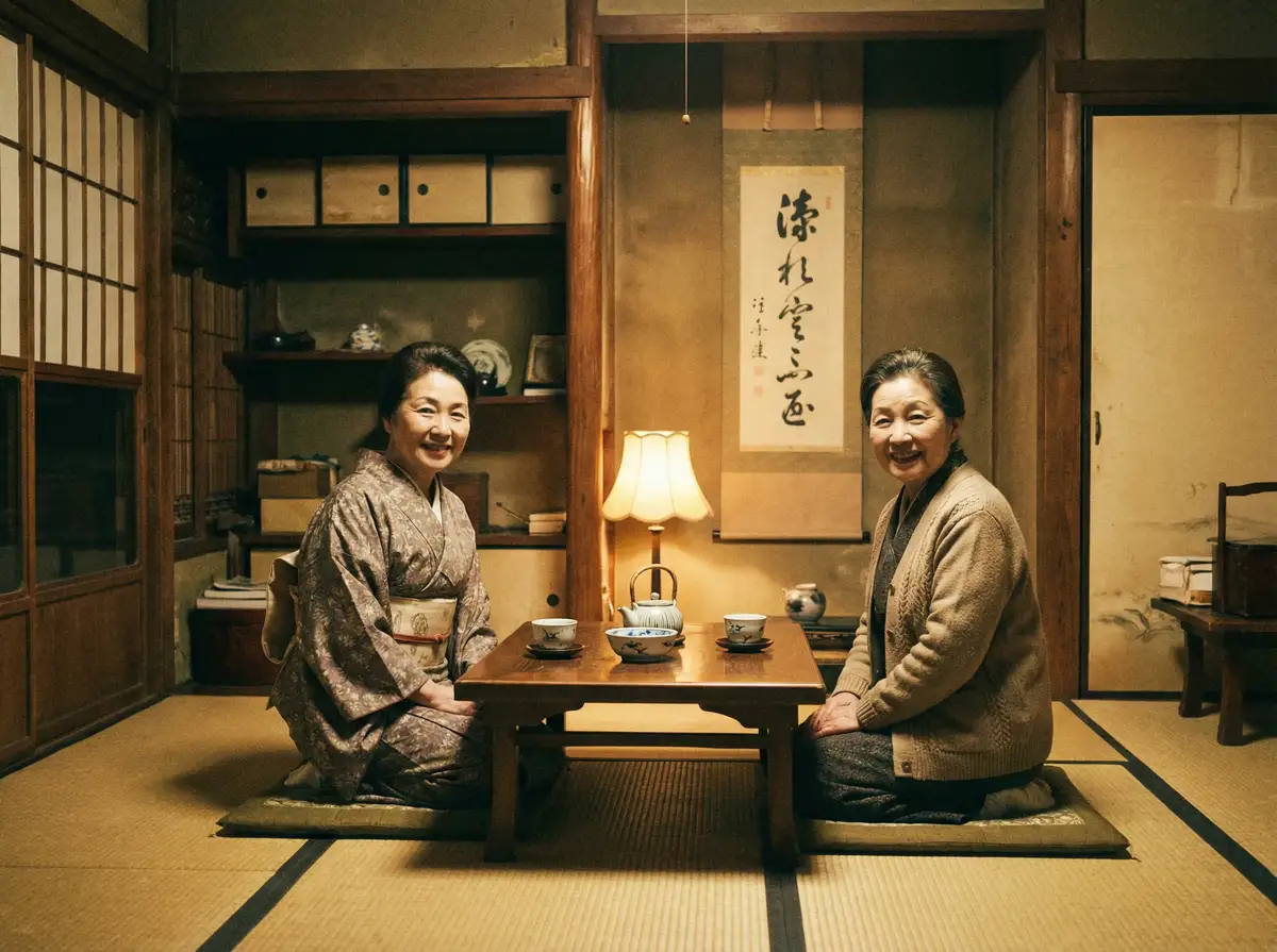 两位优雅的 12bet体育 在日式茶室中品茶交谈